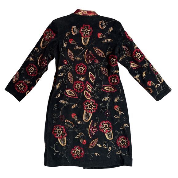 VTG Entice Black Velvet Floral Embroidered Long Coat Duster Size M Boho Hippie - Picture 2 of 6